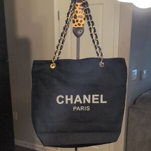 CHANEL Black Tote Bag with Gold Chain